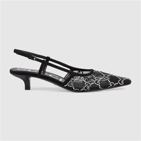 Women's slingback pump in black mesh with crystals